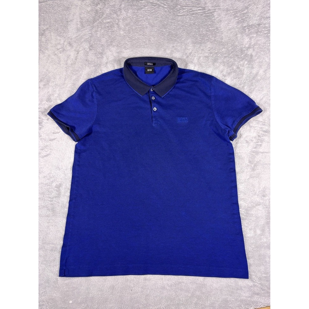 Boss Hugo Polo Mens L Blue Short Sleeve Embroidered Contrasting Trim